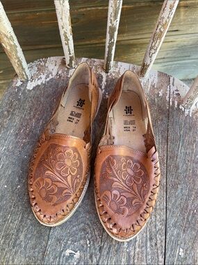 Hand-Tooled Leather Floral Huarache Slip-Ons - Brown